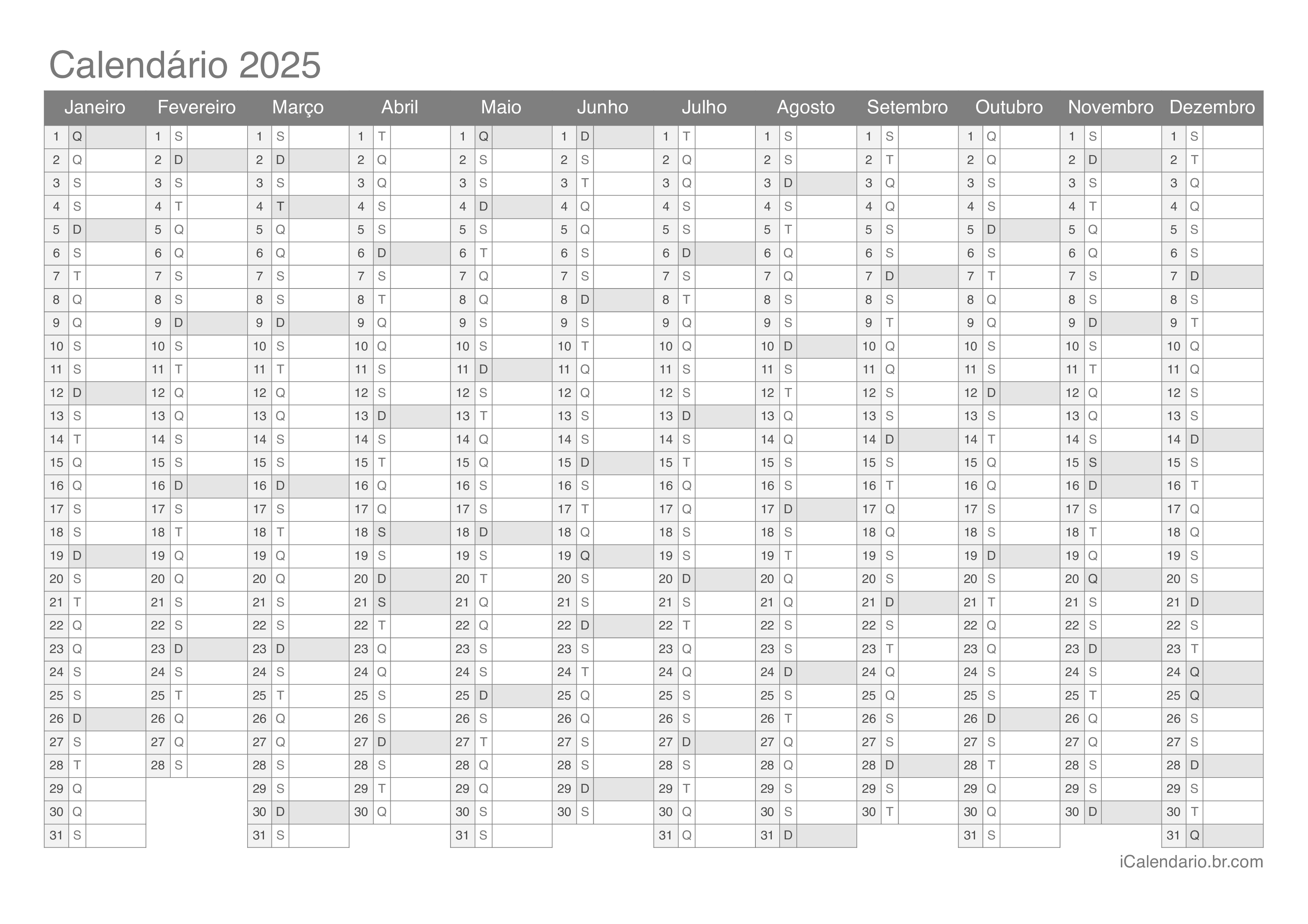 Calendário 2025 para imprimir