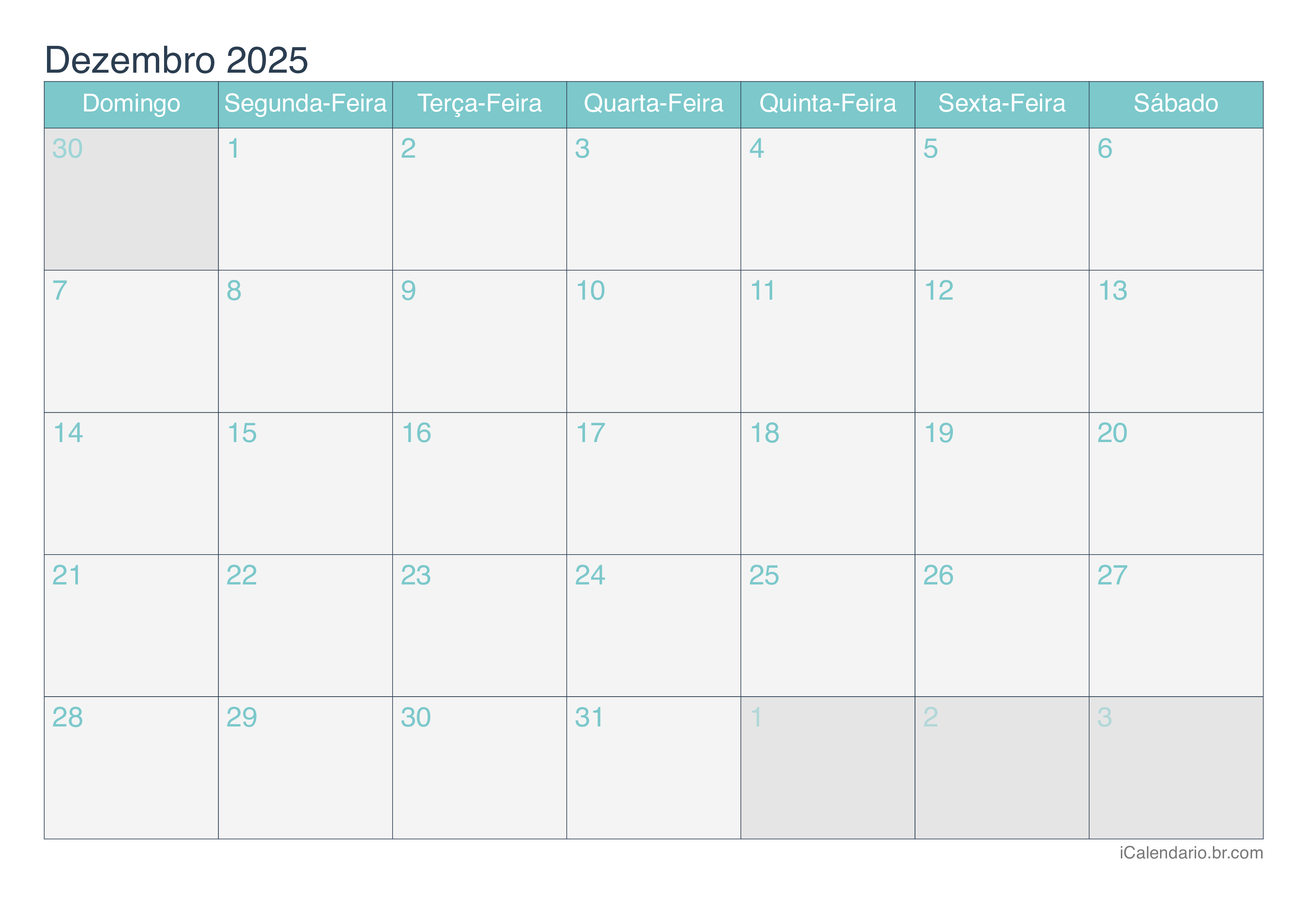 Calendário dezembro 2025 para imprimir