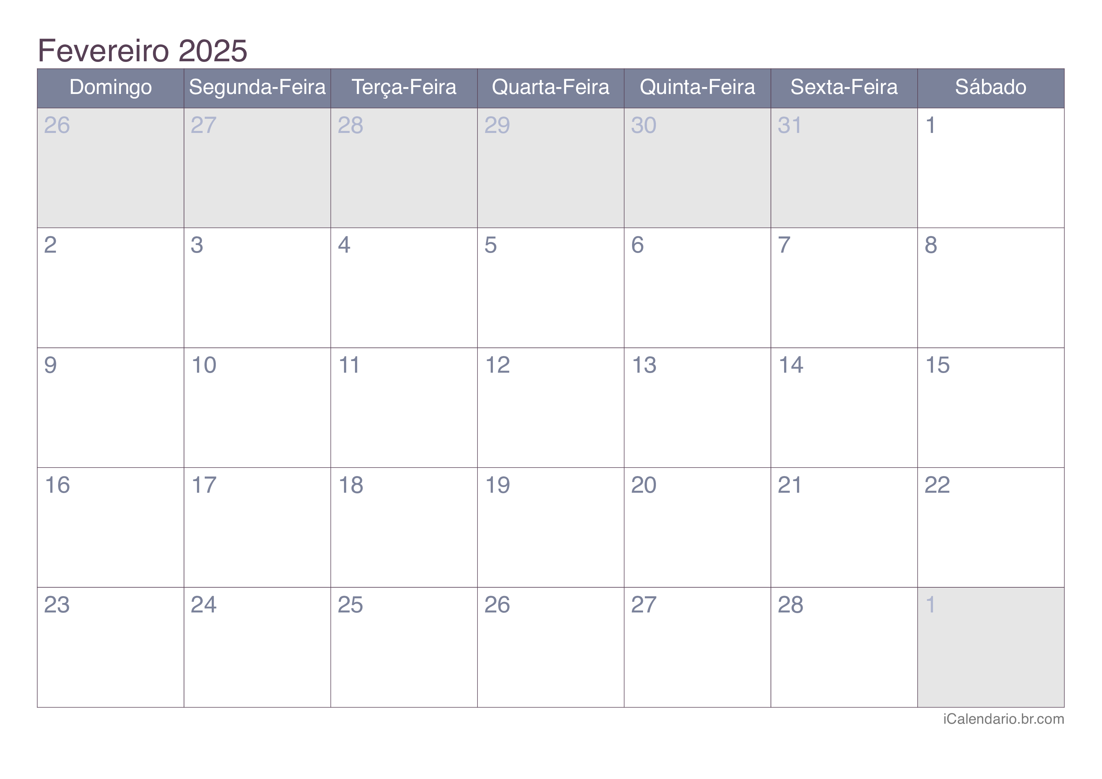 Calendário fevereiro 2025 para imprimir