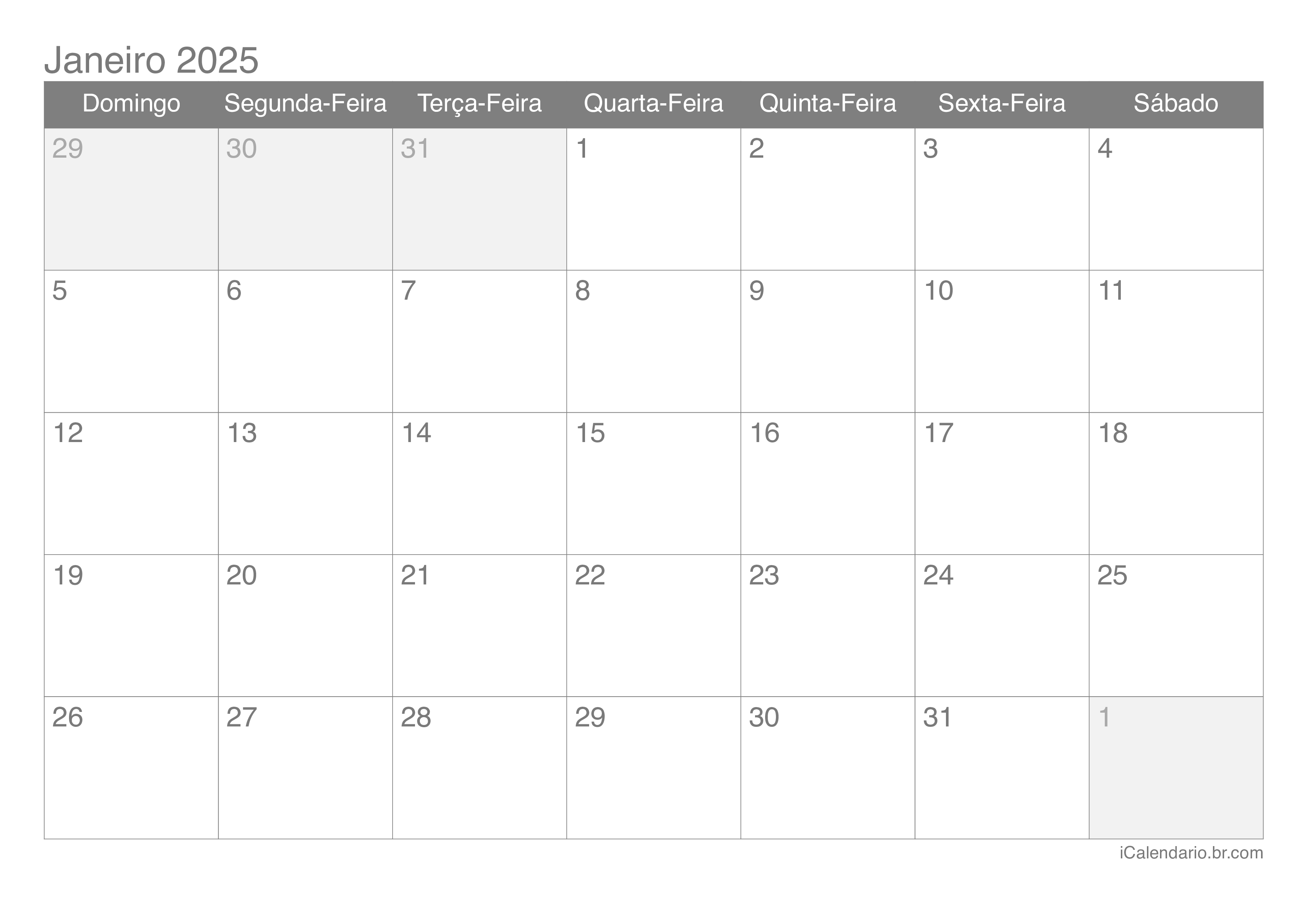 Calendário janeiro 2025 para imprimir