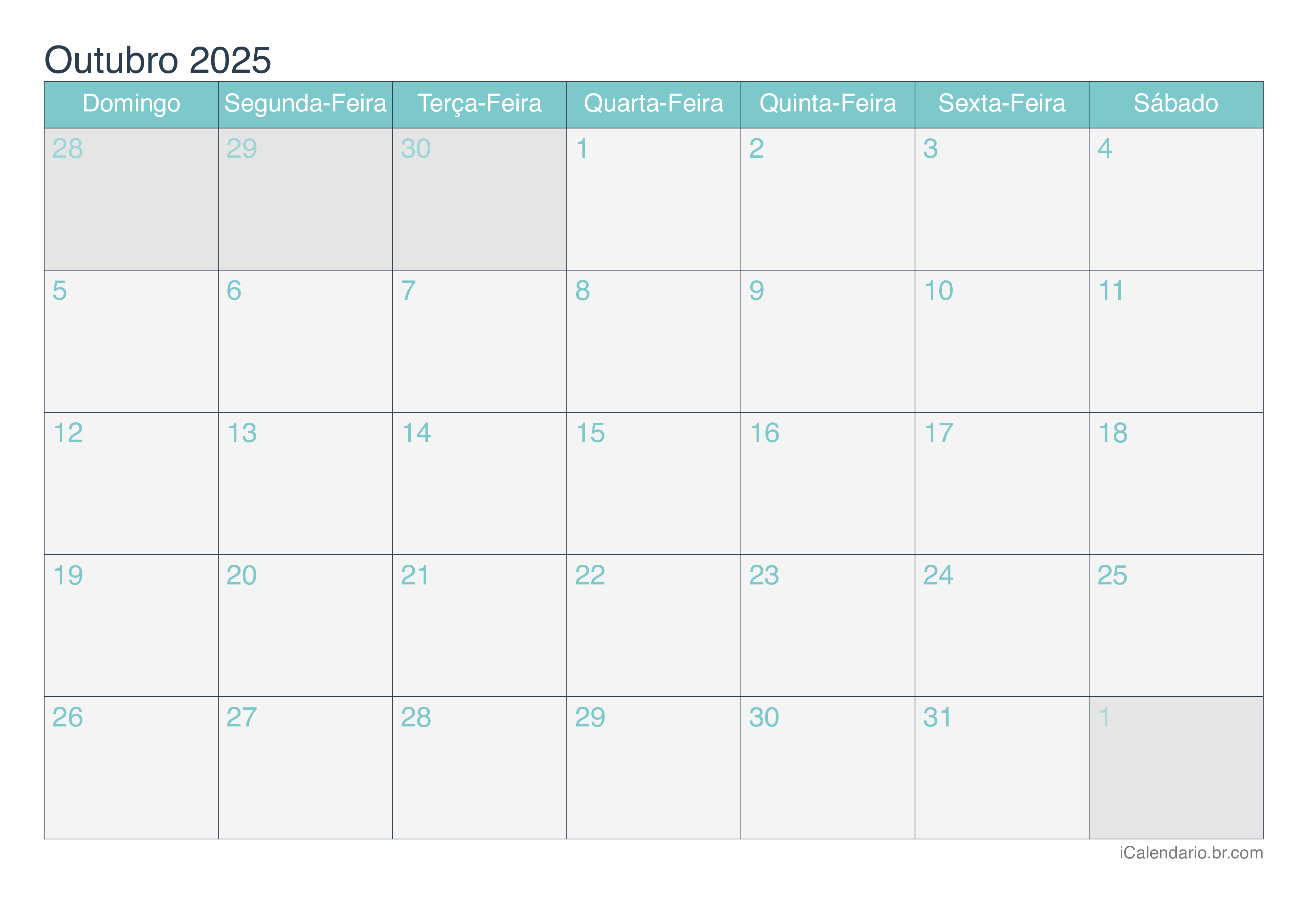 Calendário outubro 2025 para imprimir