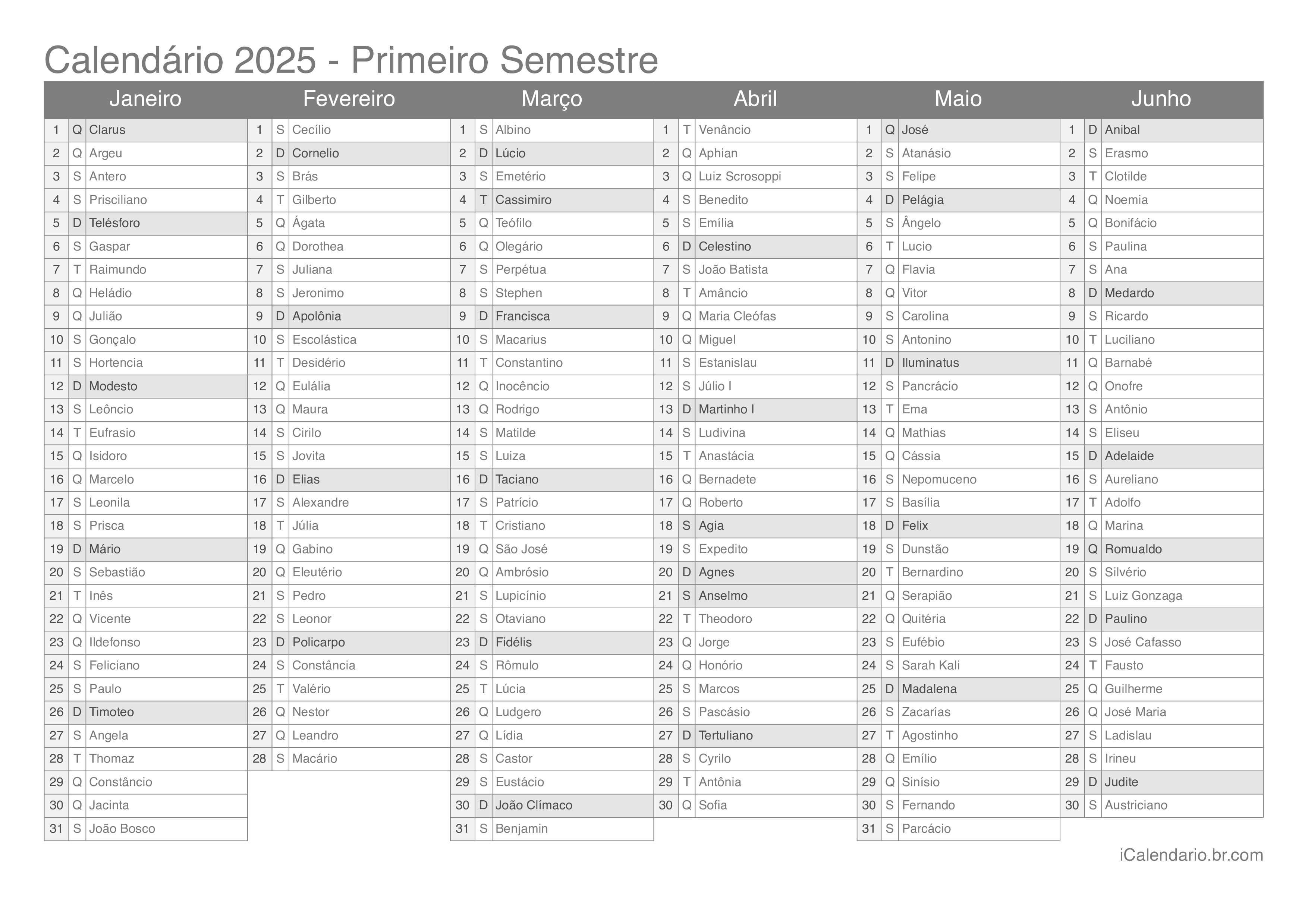 Calendário 2025 para imprimir